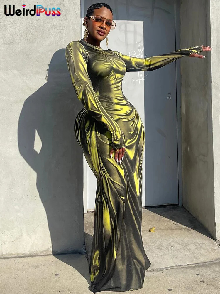 Weird Puss Sexy Light Print Dress Women Fashion Fall Simple oNeck Long Sleeve Street Skinny Stretch Maxi Bodycon 250222