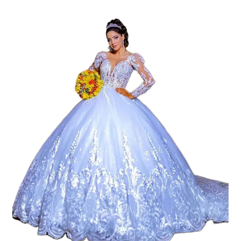 Arabic Luxurious Beaded Crystals Wedding Dresses White Ball Gown Dubai Brides Dress Lace Appliques Long Sleeves Princess Bridal Gowns Vestido De Novia