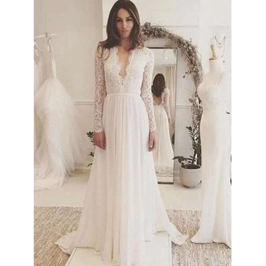 Boho 2024 Long Sleeve Lace Appliques Chiffon Wedding Gown Summer Beach Bride Dress Robe Mariage