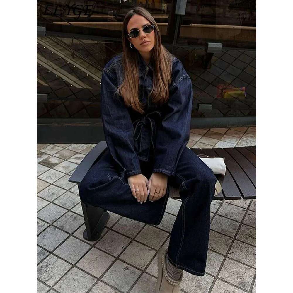 hoodie Designer Fashion Jacket Vintage Belt Denim Jacket Pants Set Women Lapel Single Breasted Jackets Pockets Straight Jeans Spring Lady Street Outfi