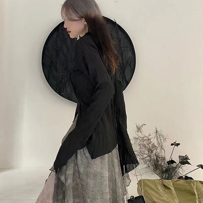 Karrram Gothic Black Shirt Yamamoto Style Dark Aesthetic Blouse Women Irregular ner Clothes Emo Alt Grunge Tops Y2k 250222