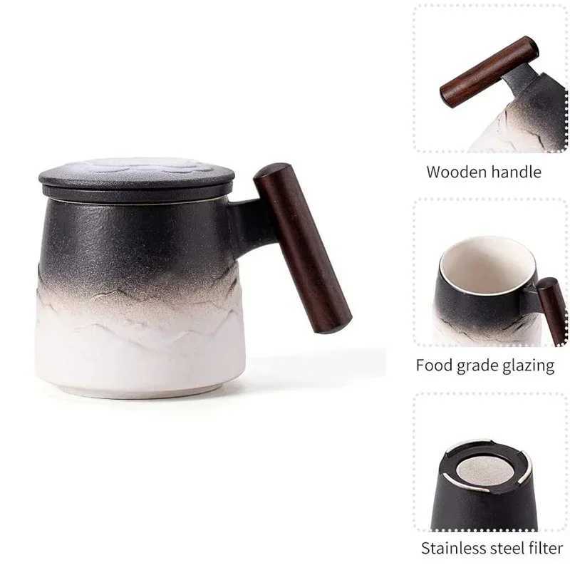 Luxury Vintage Mug Ceramic Tea Cup Thermal Coffee Cups and Mugs with Infuser Wooden Handle Milk Breakfast Cups Personzed GiftC250224