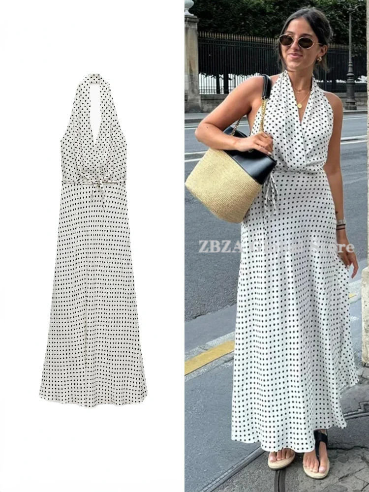 Womens Polka Dot Halter Dress Crossover Halterneck Exposed Shoulders Midi Flared Hem Ties Backless Female 250222