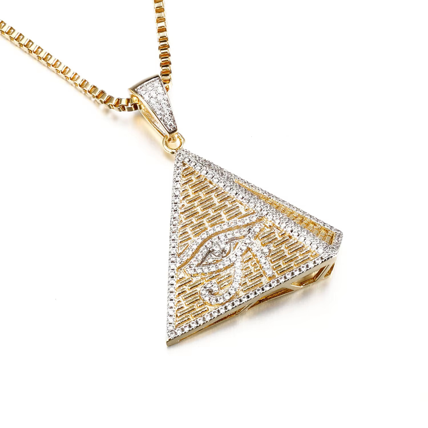 JASEN JEWELRY Hip Hop Sterg Sier Iced Egyptian Pyramid Eye of Horus Pendant in Gold Plated
