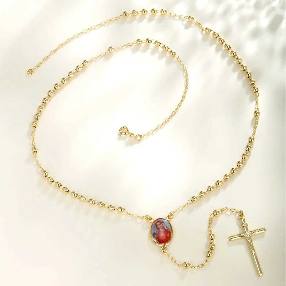 XP Jewelry --- 50 cm Mary Jesus Cross Beads Pendant Necklaces for Wen Men Light Gold Plated 14 k Jewelry Nickel X250224