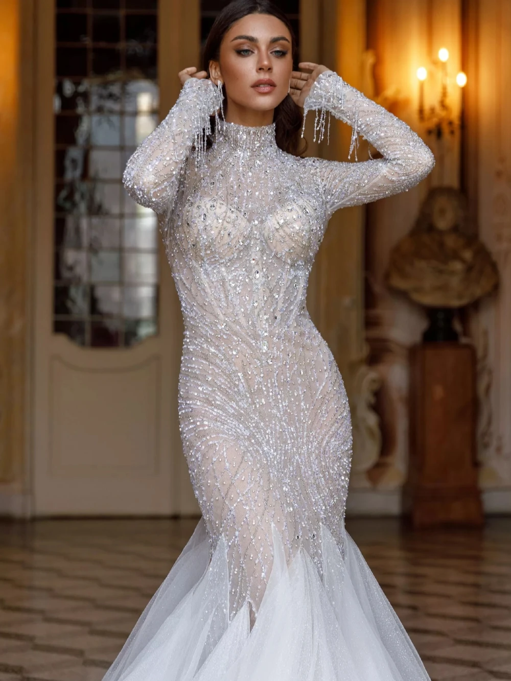 Exquisite Mermaid Wedding Dress High Collar Long Sleeves Bridal Gowns Sequins Crystal Sweep Train Dresses Custom Made vestidos de novia