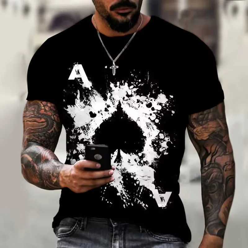 Black and white poker T-shirt 3D spade print fashion street O-neck mens T-shirt short sleeved hip-hop casual summer top W250224