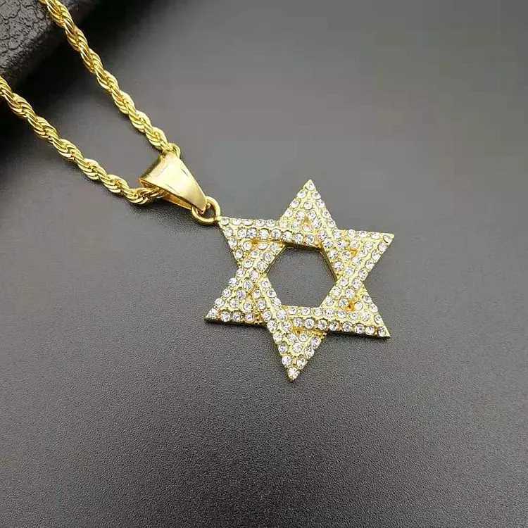 New 1pcs Hip Hop Rhinestone Gold Color Stainless Steel Necklaces Is Star Of David Hexagram Pendant Necklace For Men Rapper X250224