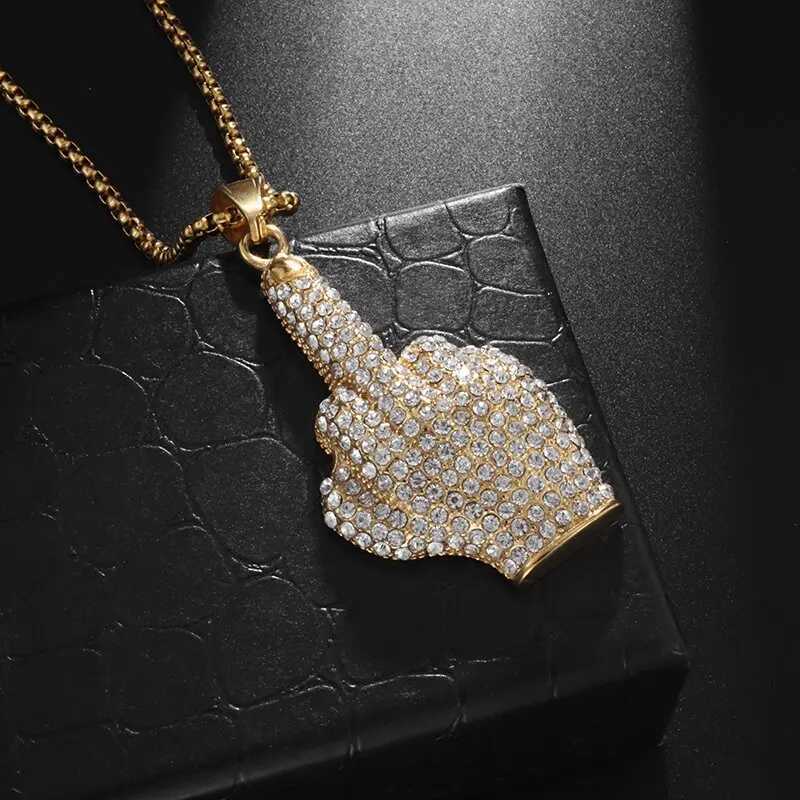 New Out Zircon Courtesy Gesture Middle Finger Pendant Necklace Mens Hip Hop Rap Cycling Jewelry Gifts X250224