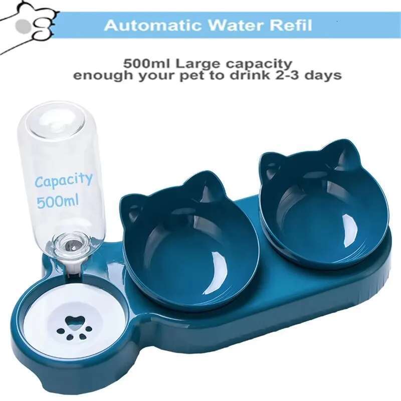 Triple Cat Pet Feeder, 2-in-1 Double Bowls with Automatic Drinking Bottle, Tilted Rotatable Design for Cats and Dogs