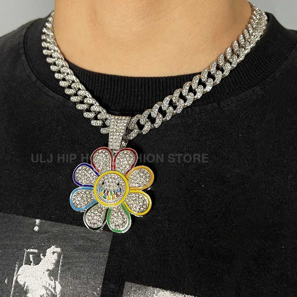 J Hip Hop Men Wen 12mm Cuban Link d Out Chain With Suower Bling Pendant Neccklace Jewelry X250224