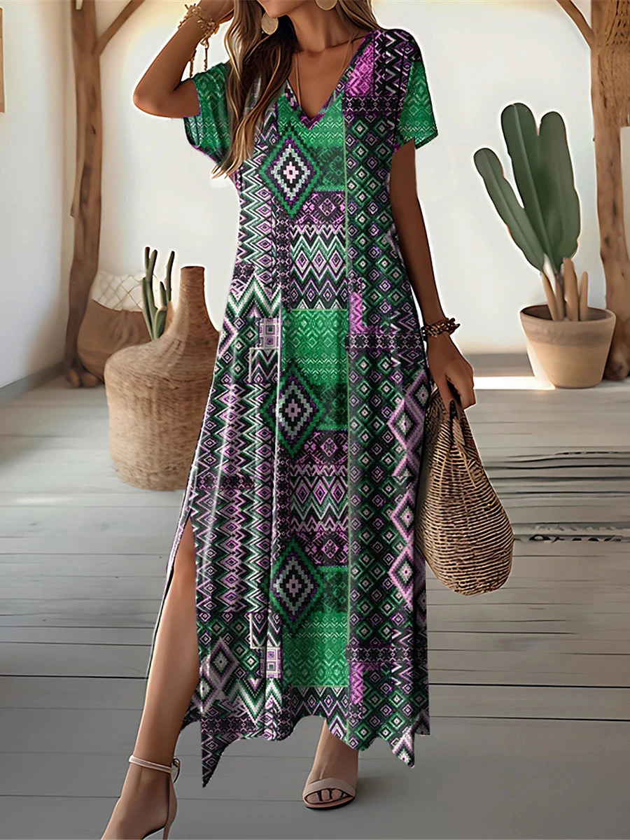 Retro Floral Print Dresses For Womens Plus Size VNeck Female Long Elegant Short Sleeve Dress Fashion Summer 250222