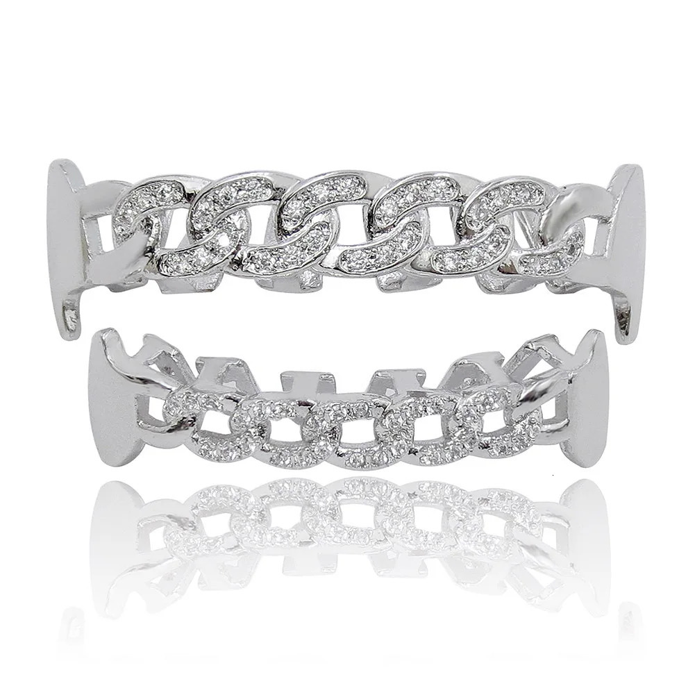 Hollow out Top Bottom Mouth Iced Out Cubic Zirconia Brass Teeth For Men Teeth Grills Tooth Caps Removable Body Jewelry 250219