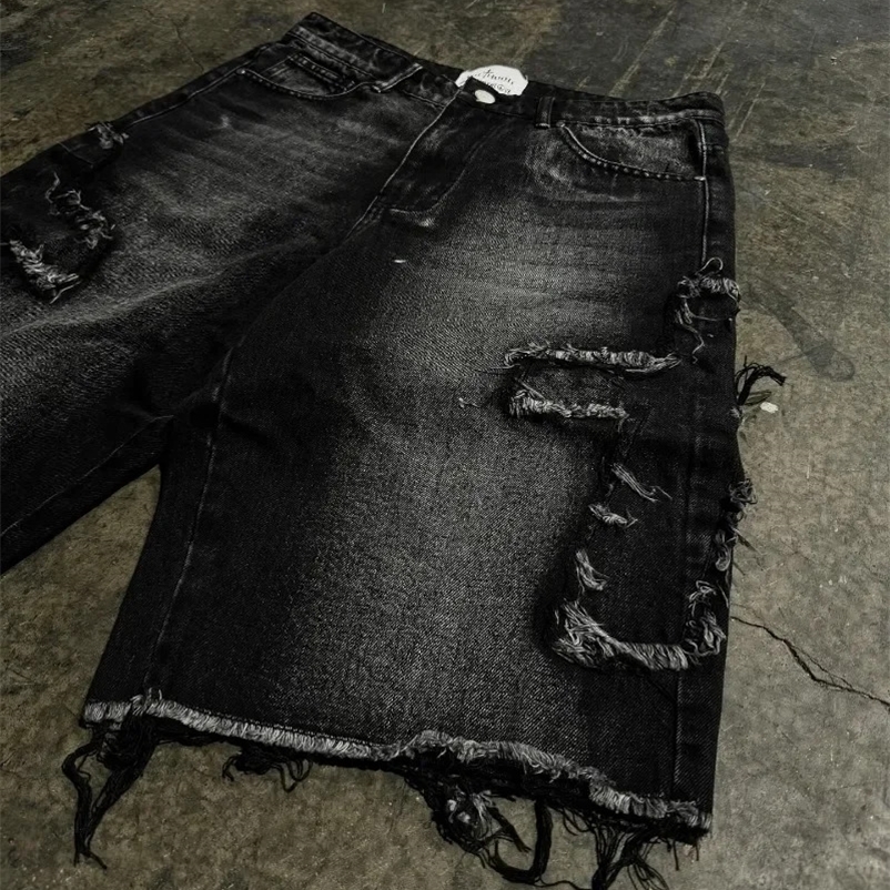 Y2K trend Harajuku Gothic hip-hop retro burr cross embroidery black baggy high waist denim shorts mens jeans 250222
