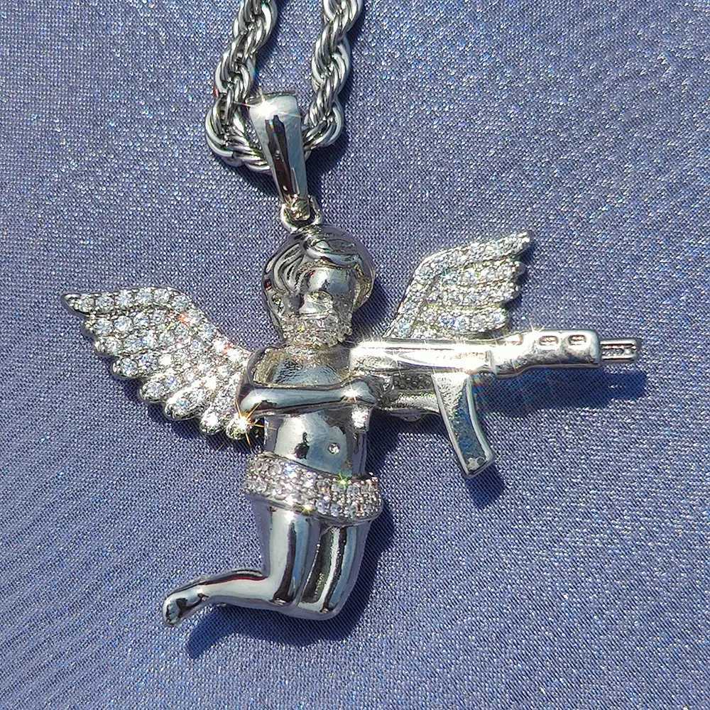 Hip Hop Rapper Punk New Trend d Out Angel With Gun Diamond Jewelry Vengeance Angel Wing Pendant Choker Necklace Wen Gift X250224