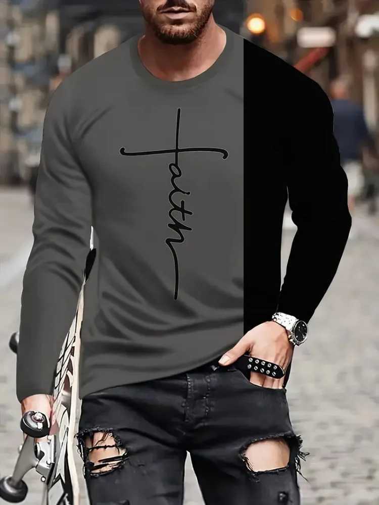 Fashion Trend Mens Crew-neck Long Sleeves Cross 3D Printed Mens Casual Pullover T-shirt Casual All-match Mens Top S-5XL W250224