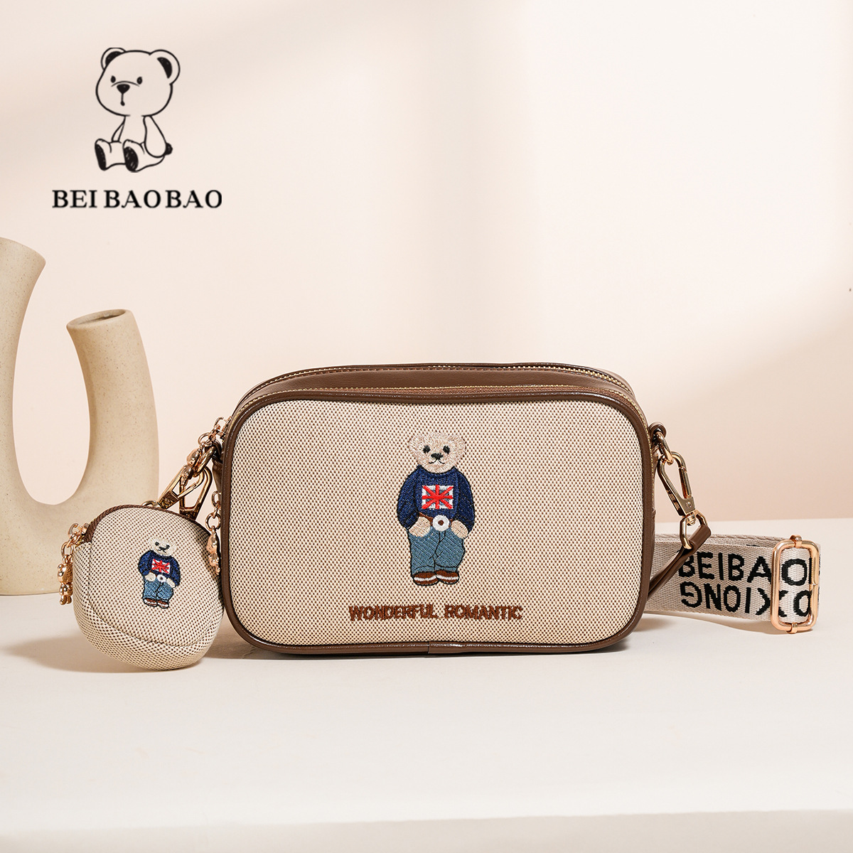 Women's Embroidered Canvas Small Square Bag with Wide Shoulder Strap - Crossbody Camera & Phone Tote with Cartoon Teddy Bear Design
