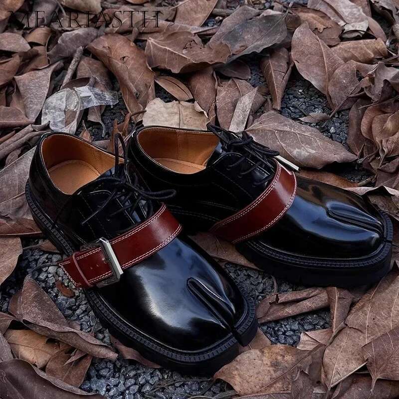 Size 46 Chunky Tabi County Combat Loafers Men Women Tabis Shoes Footwear Leather Lug Sole Black Split Toe Flats With Belt 2024
