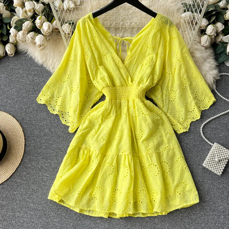 WhitePurpleBlue V Neck Summer Lace y Dress Women Short Sleeves Dresses Female Vintage Party Beach Midi 250222
