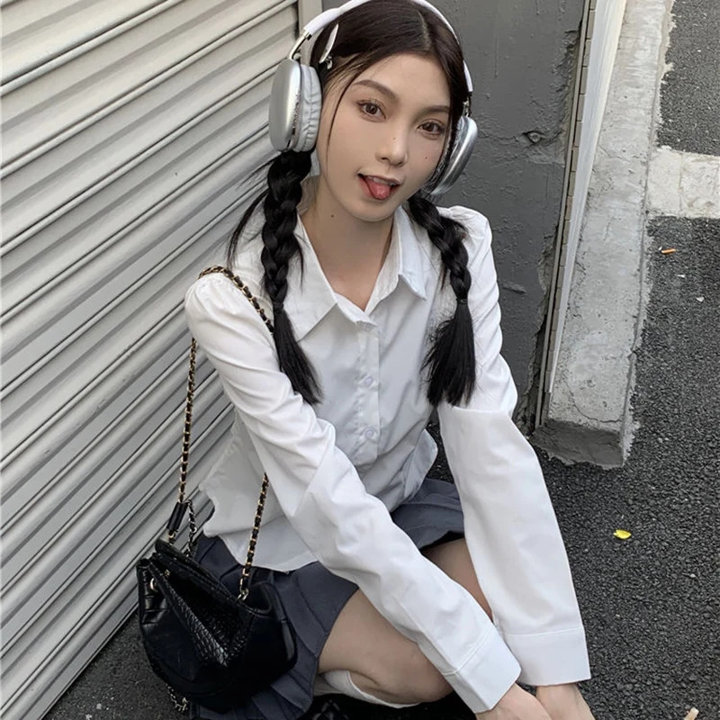 Rimocy College Style Y2K White Shirt Women 2025 Chic Long Sleeve Cropped Blouse Woman Korean Turndown Collar Slim Shirts Female 250224
