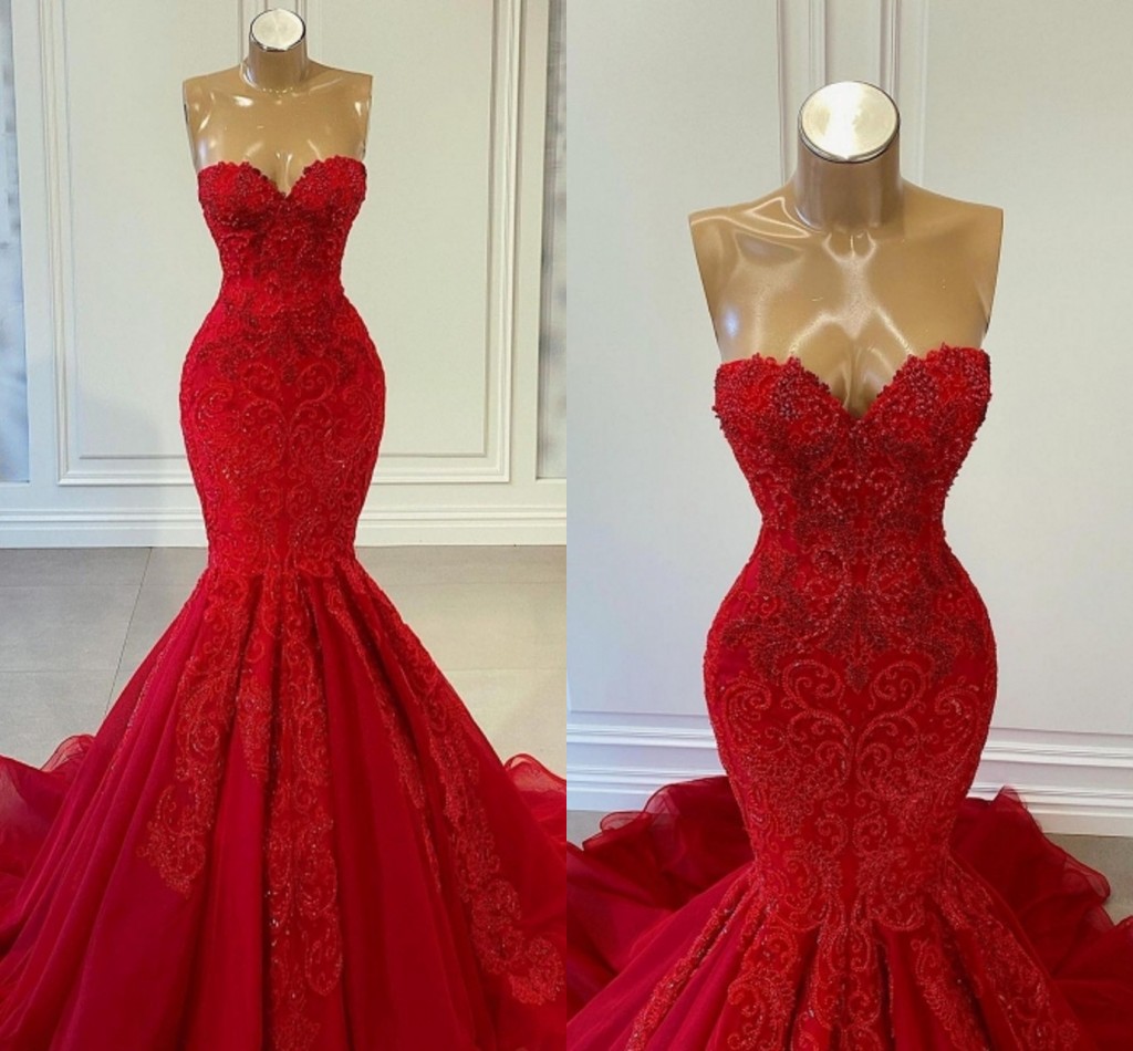 Stunning Red Mermaid Prom Dresses Sexy Sweetheart Backless Appliques Beads Long Evening Party Gowns Vestidos de bal BC14408