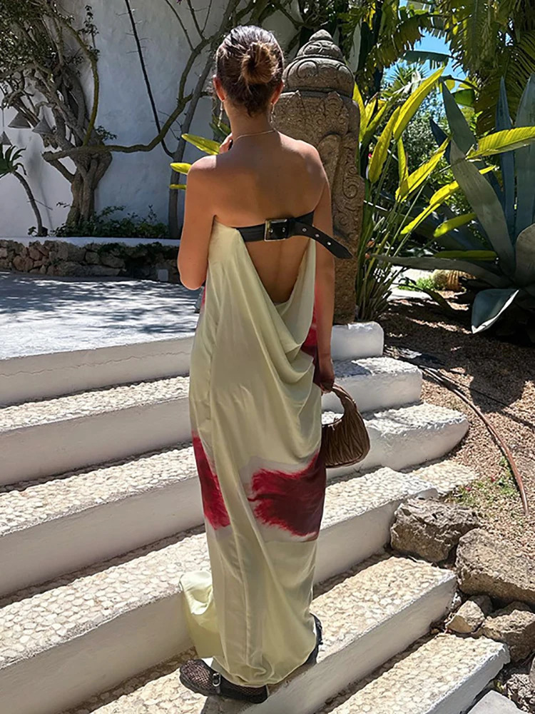JULISSA MO Sexy Strapless Print Floral Belt Women Maxi Dress Yellow Backless Vacation Autumn Loose Elegant Party Beachwear 250222