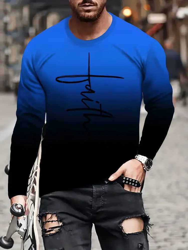 Fashion Trend Mens Crew-neck Long Sleeves Cross 3D Printed Mens Casual Pullover T-shirt Casual All-match Mens Top S-5XL W250224