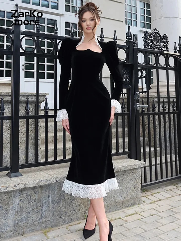 Elegant Patchwork Velvet Midi Dress Black Lace Long Puff Sleeve Slim High Waist Dresses Spring Summer Lady Party Robes 250222