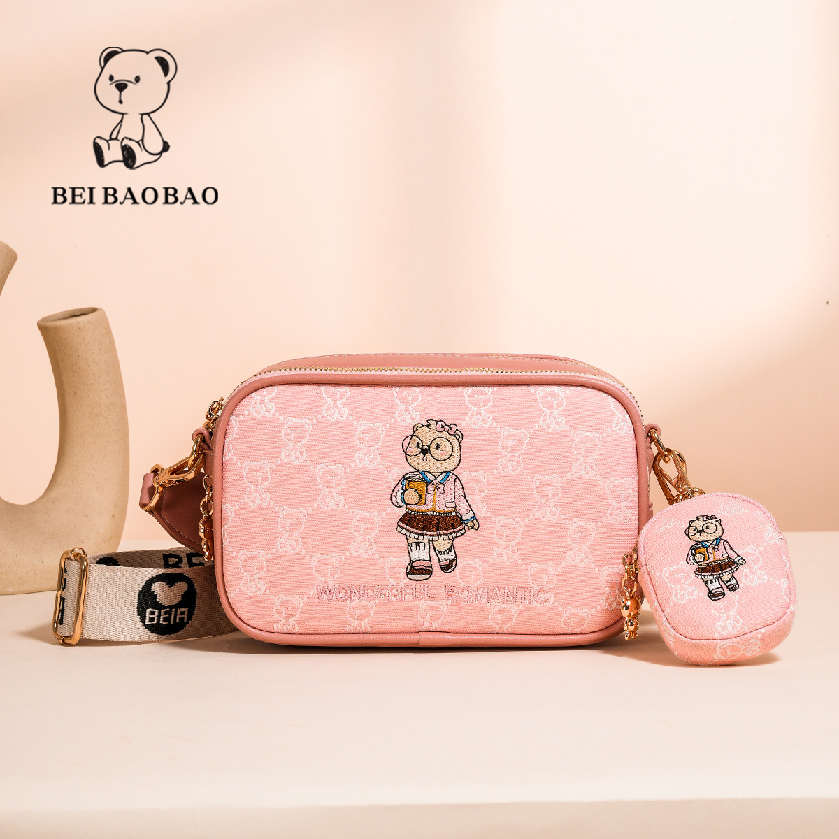 Women's Embroidered Canvas Small Square Bag with Wide Shoulder Strap - Crossbody Camera & Phone Tote with Cartoon Teddy Bear Design