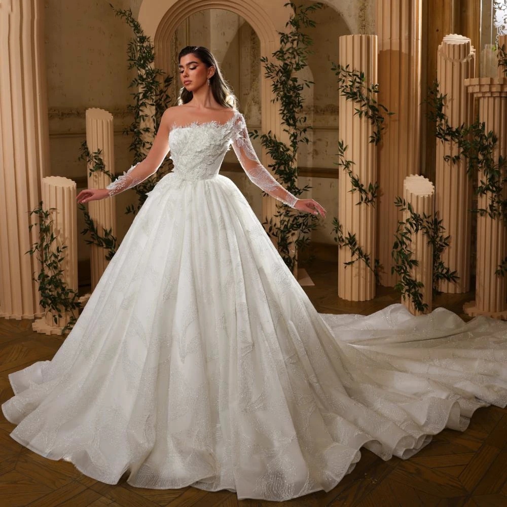 Classic A e Women Wedding Sheer Neck Long Sleeves Bridal Gowns Appliques Sweep Train Dress Custom Made