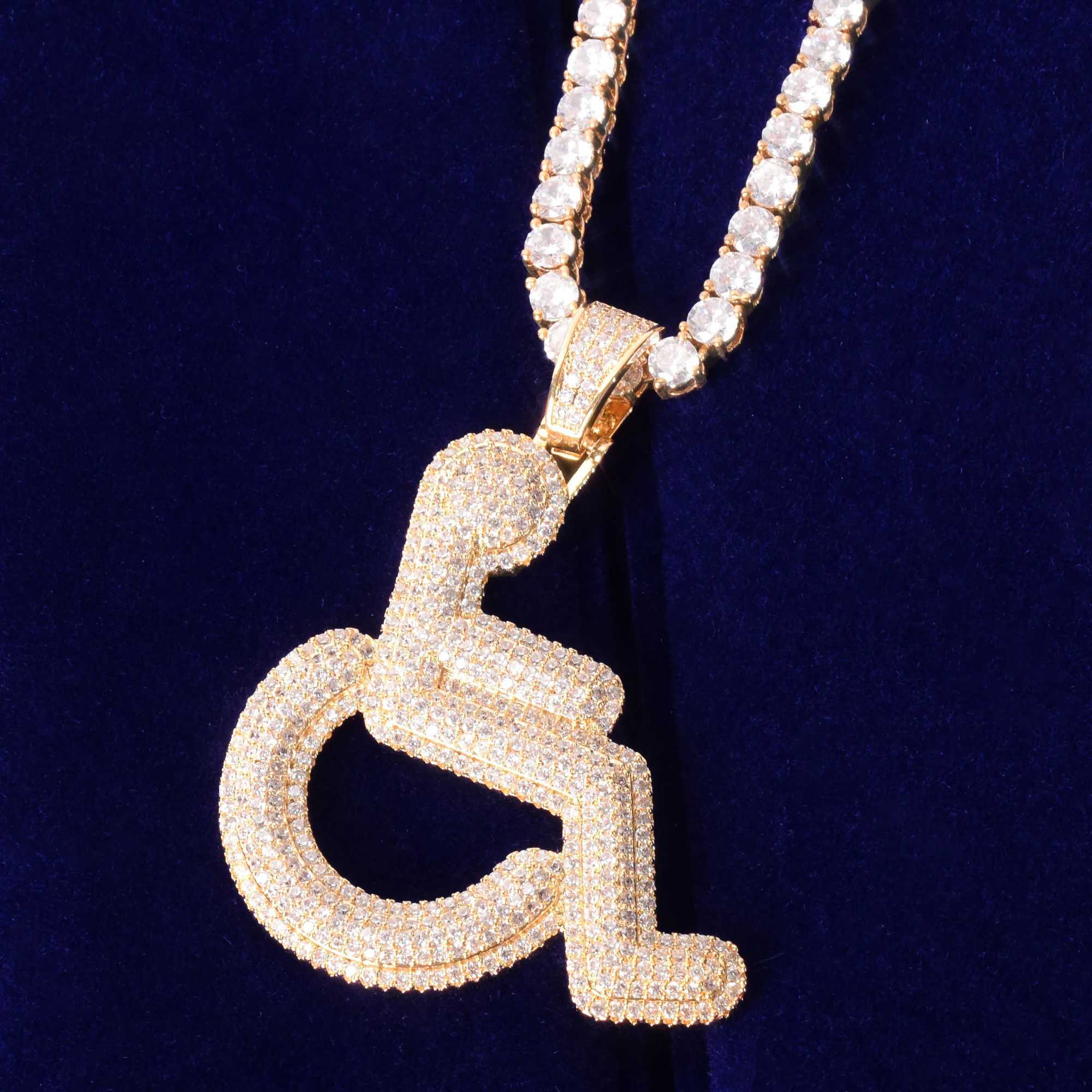 Bubble Letter Wheelchair Handicap Sign Pendant Necklace Gold Color Charm Bling Cubic Zircon Mens Hip hop Rock Jewelry X250224