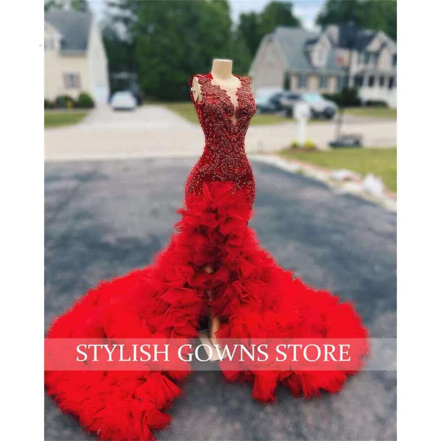 O Red Neck Long Prom Dress For Black Girls Beaded Crystal Birthday Party Dresses Ruffles Evening Gowns Mermaid High Slit