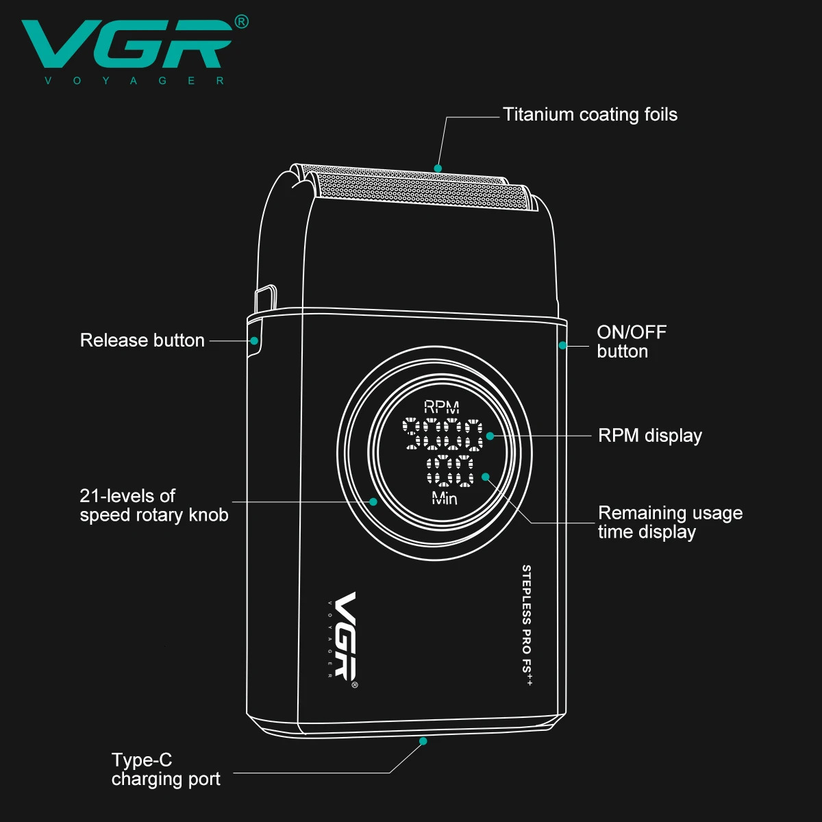 VGR Electric Shaver Professional Razor 9000 RPM Shaver Reciprocating Beard Trimmer Hair Trimmer Metal Foil Shaver for Man V-377 250222