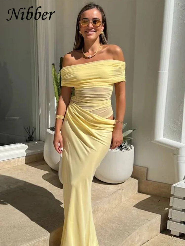 Nibber Ruched Irregular Dress Women Mesh Patchwork Slash Neck Short Sleeve Skinny Stretch Trend Elegant Long Bodycon Outfits 250222