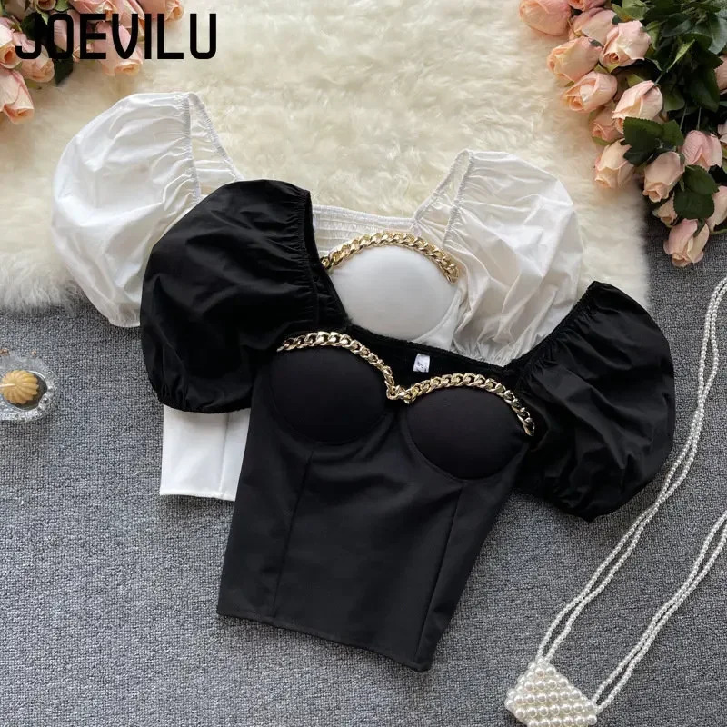 Belly Button Shirt Chic Chain Off Shoulder Expose Clavicle Tank Top Summer Puff Sleeve Crop Tops Women Elegant Sexy Slim Blouses 250222