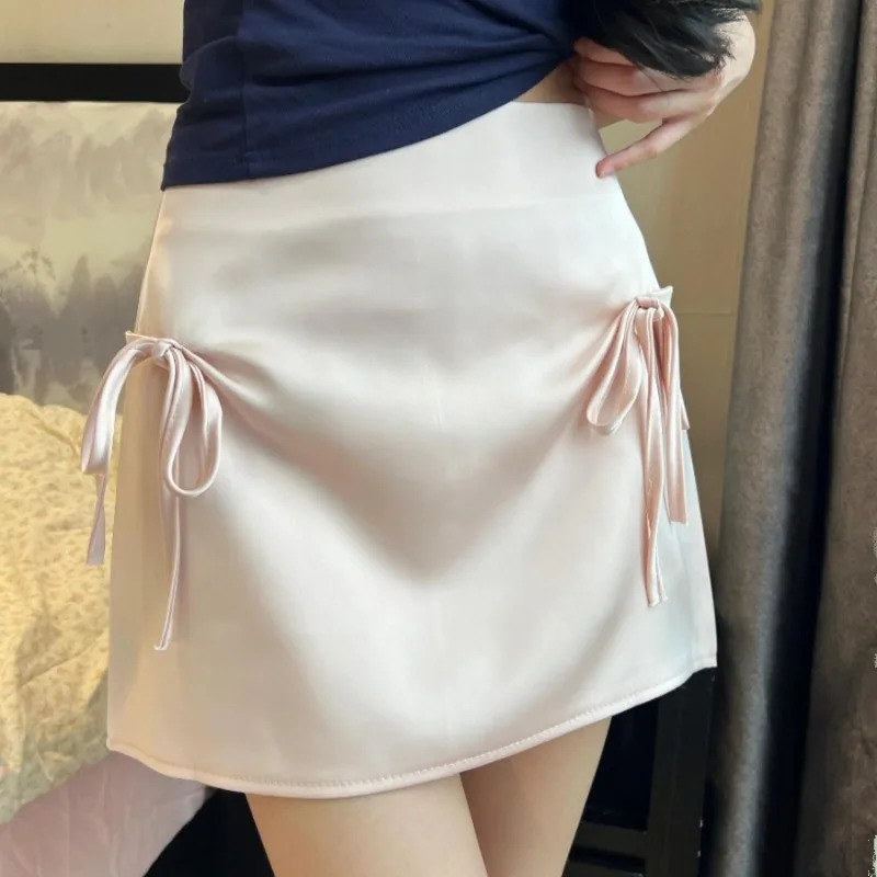 Solid Mini Skirts Women Summer Sweet s Bow High Waist Slim Leisure All-match A-line Korean Fashion Temperament Gentle Chic 250224