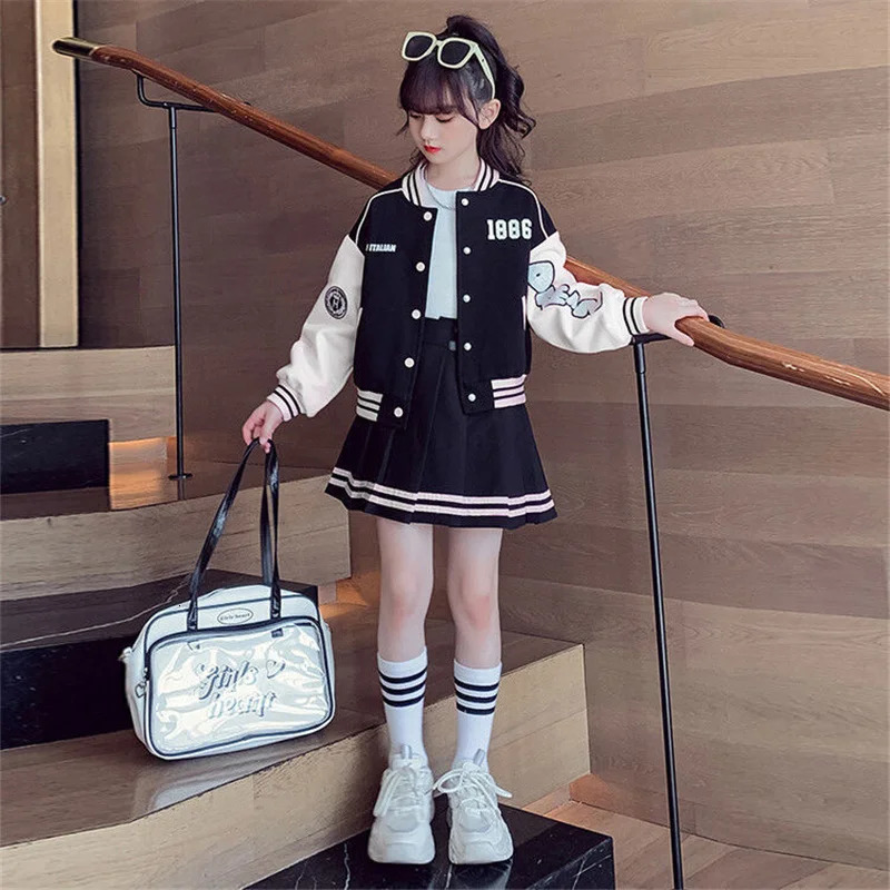 Girls Fashion Clothing Sets Spring Autumn Kids Baseball Sports Suit Children Jacket Pleated Skirt 2Pcs Student Uniform Outfits 250224