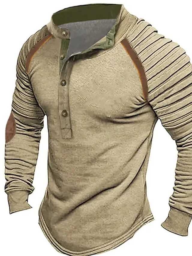 Mens Henry T-shirt with Buckle Collar Long Sleeved Pleated Print Henry Street Vacation Long Sleeved Clothing Basic Clothing W250224