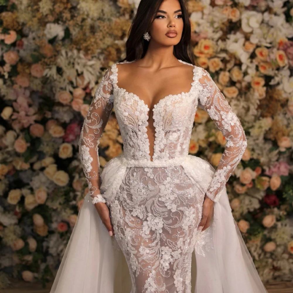 Simple Mermaid Wedding Dress Sweetheart Neck Long Sleeves Bridal Gowns Appliques Sequins Detachable Train Dresses Custom Made vestidos de novia