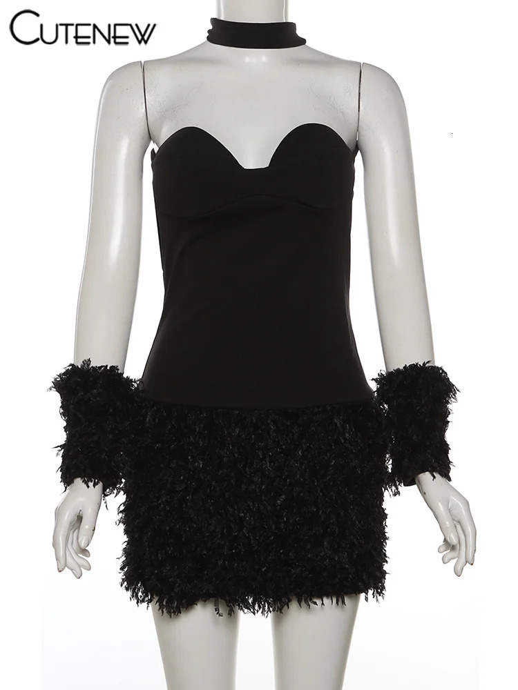 Cute Feather Patchwork Mini Dress Solid Unique Fashion Halter Backless BodyconSleeve Gloves Classic Party Female Vestidos 250222