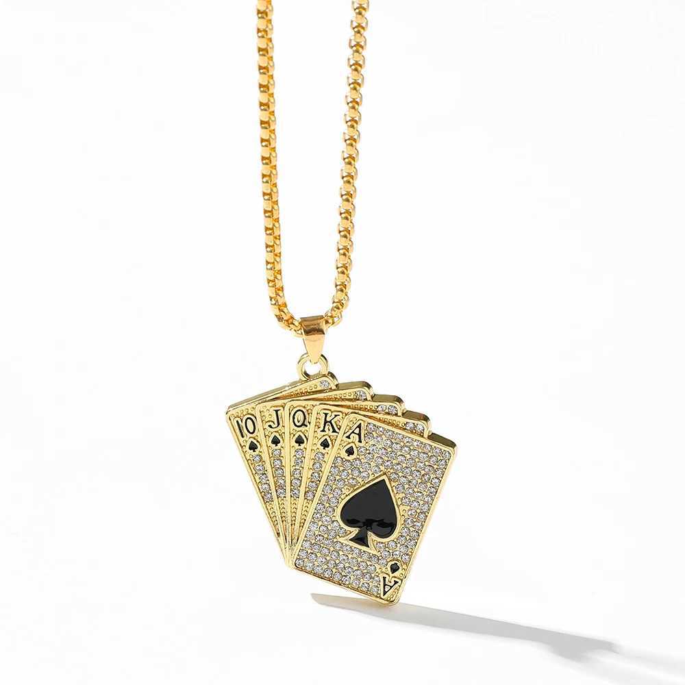 Mens Statement Fl Rhinestone Lucky Ace of Spades Pendant Necklace Gold Color Jewelry Fortune Playing Cards X250224