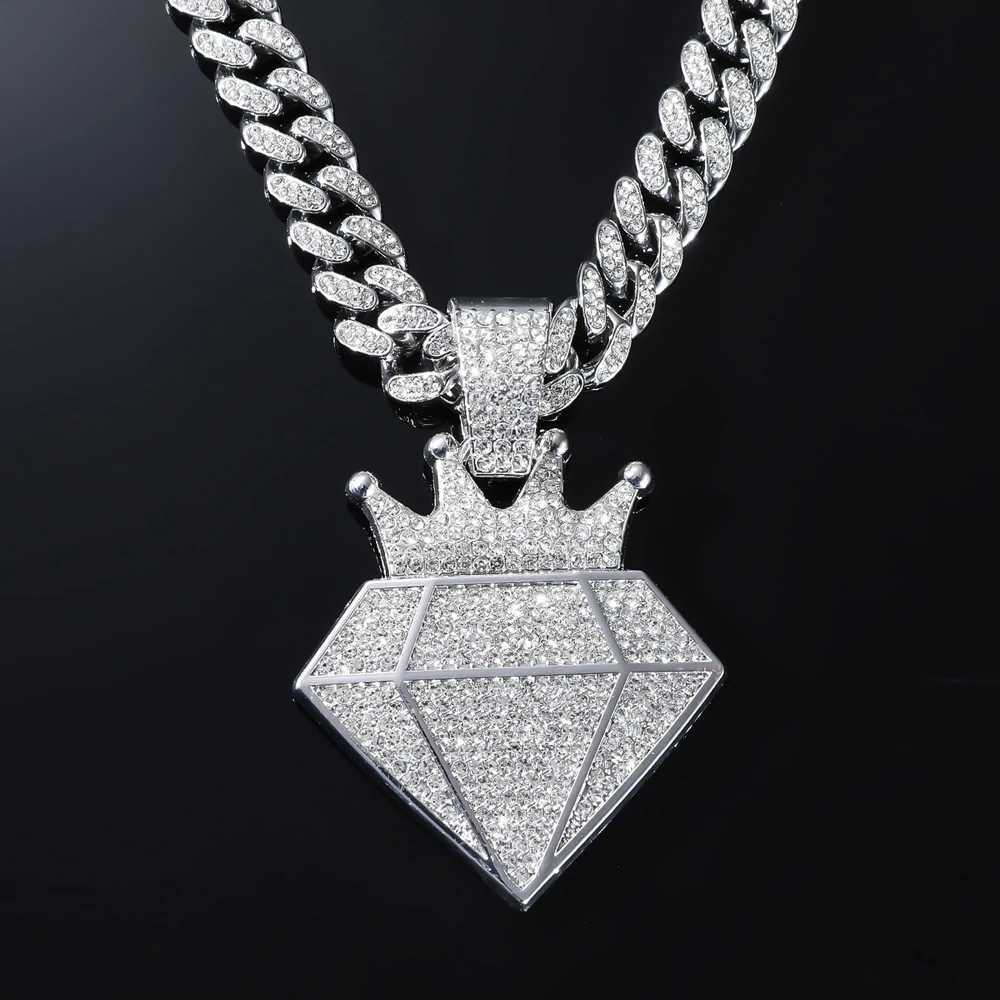 Hip Hop and Out Crown Pendant Necklace With 1m Rhinestone Cuban Chain Bling Necklaces Men Wen Fashion Charm Jewelry Gift X250224