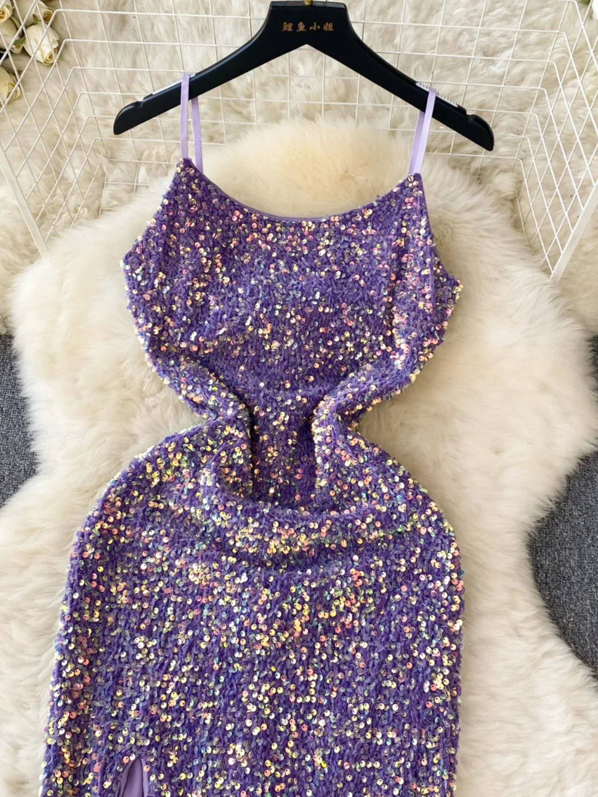 Women Sexy Long Midi Dress Purple Sequins Split Suspender Slim Fit Bodycon Party Club 250222