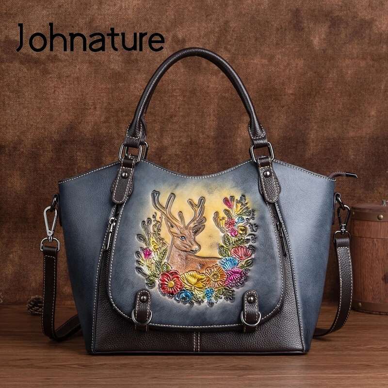Johnature Genuine Leather 2025 New Handbags Women Designer Vintage Emed First Layer Cowhide Female Shoulder Bags