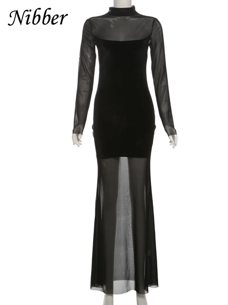 Nibber Mesh Patchwork Velvet Dress Women Turtleneck See Through Full Sleeve Skinny Trend Sexy Banquet Party Elegant Long Bodycon 250222