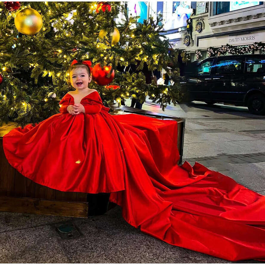 2024 Red Wer Dress V-Neck Long Sleeves Big Bow Satin Train Christmas Party Birthday Dresses Communion Children Girl Pageant Gowns