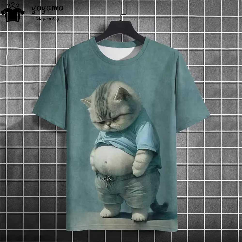 Funny Fat Cat Graphic T shirts Street Fashion Short Sleeve Tee Animal Print T shirt Men Casual Oversiezd T-shirt Mens Clothing W250224