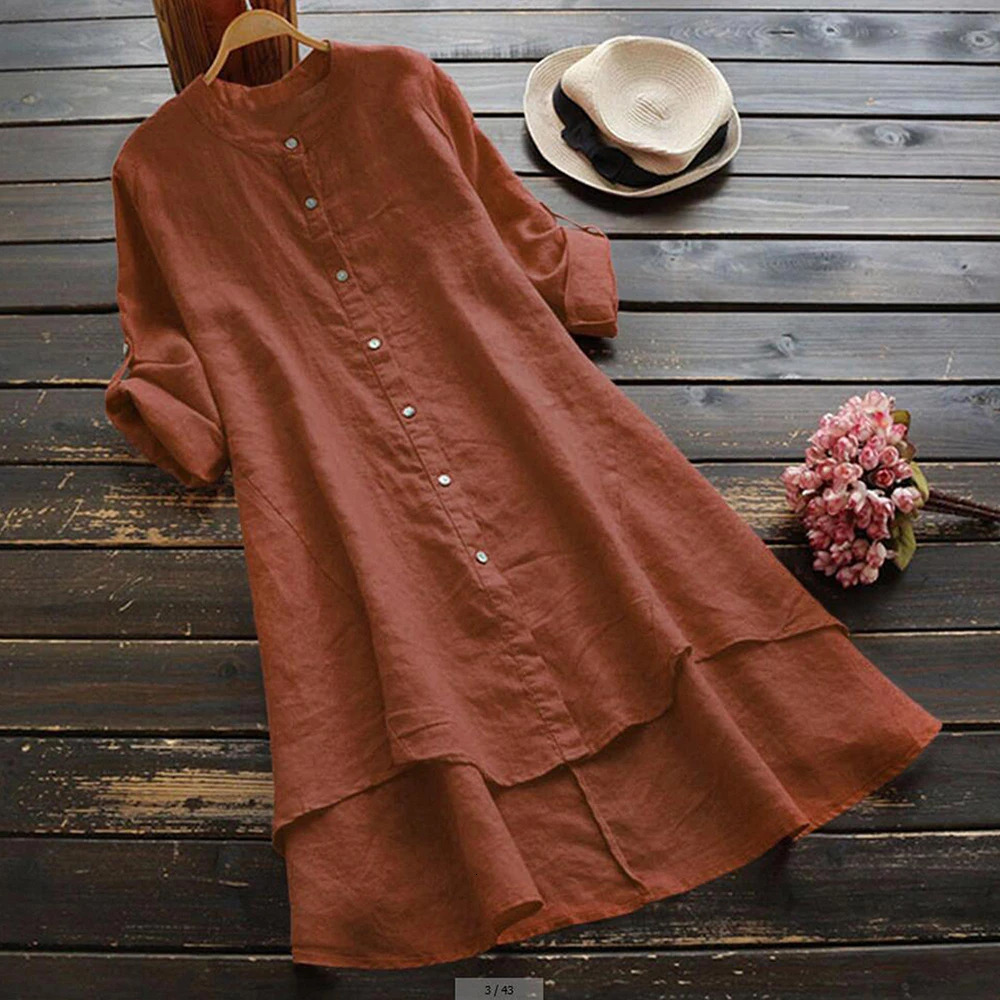 Womens Spring Solid Cotton Linen Shirt Dress Ladies Loose Long Tops Blouse Plus Size Clothes Clothing 2024 250214