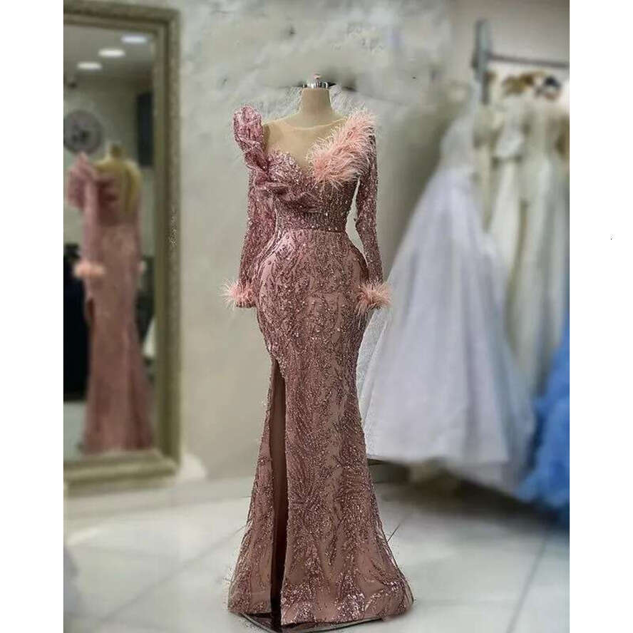 Ebi Aso Arabic Pink Mermaid Prom Dress Feather Crystals Evening Formal Party Second Reception Birthday Engagement Gowns Dresses Robe De Soiree Sh