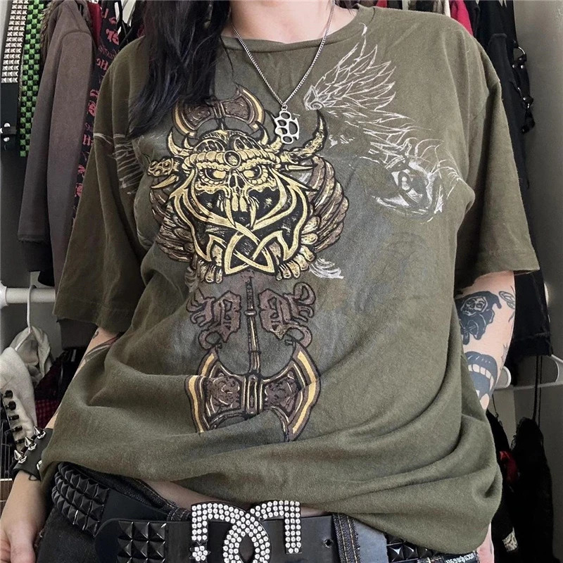 Xingqing Gothic Punk T Shirt 2000s Women Graphic Print Round Neck Short Sleeve Tees Grungecore Clothing Cyber y2k Top Streetwear 250224